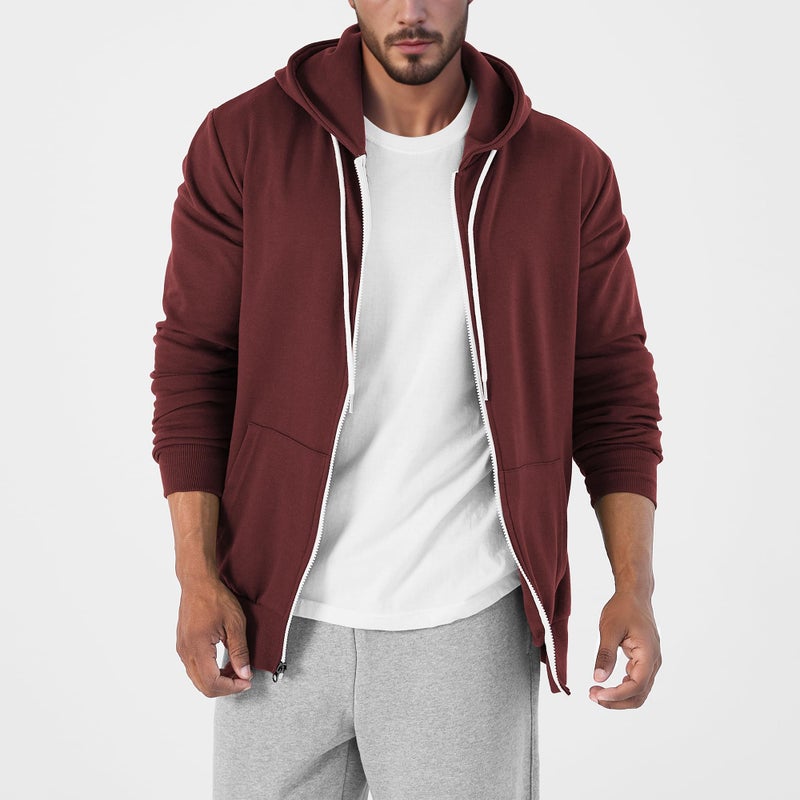 Ohoo Men's Zip Up Hoodie Lightweight Slim Fit Sweatshirt Full Zip Hooded Jacket / DCF002-BURGUNDY-2XL - Image 3